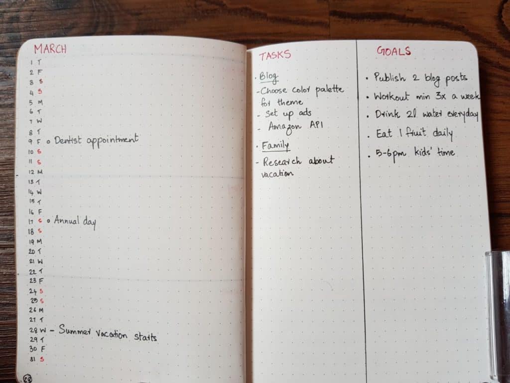 Monthly log of bullet journal