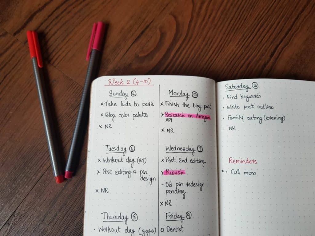 Weekly log/spread of bullet journal