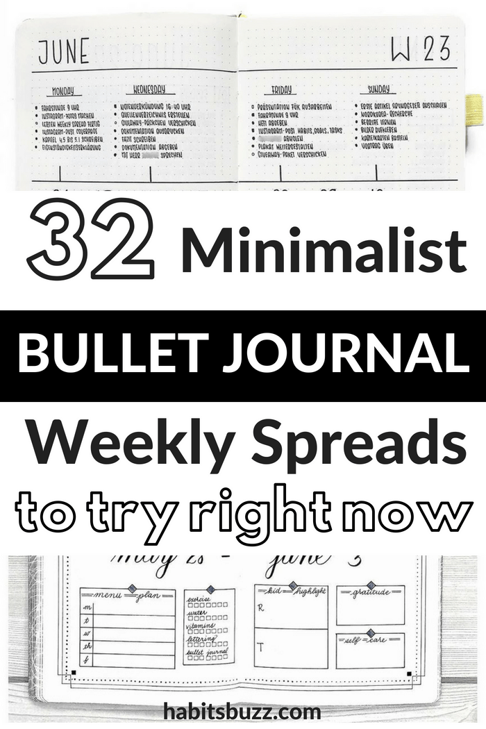 Have a look at these simple and minimalist bullet journal weekly spreads/layout for new ideas! #bulletjournal #bulletjournalweeklylog #bujo #weeklyspread