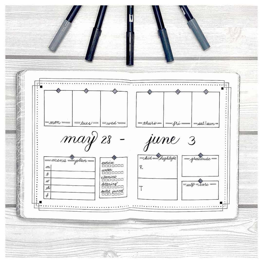 Have a look at these simple and minimalist bullet journal weekly spreads/layout for new ideas! #bulletjournal #bulletjournalweeklylog #bujo