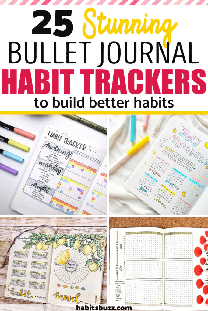 Creating trackers in a bullet journal is an excellent way to keep track of your habits and stay accountable. And bullet journal being a DIY planner, you can change your habit tracker layouts every month to add variety and kick out boredom. Here are some ideas to make beautiful bullet journal habit tracker layouts to build better habits. #habits #habittracker #bulletjournal #bujo 