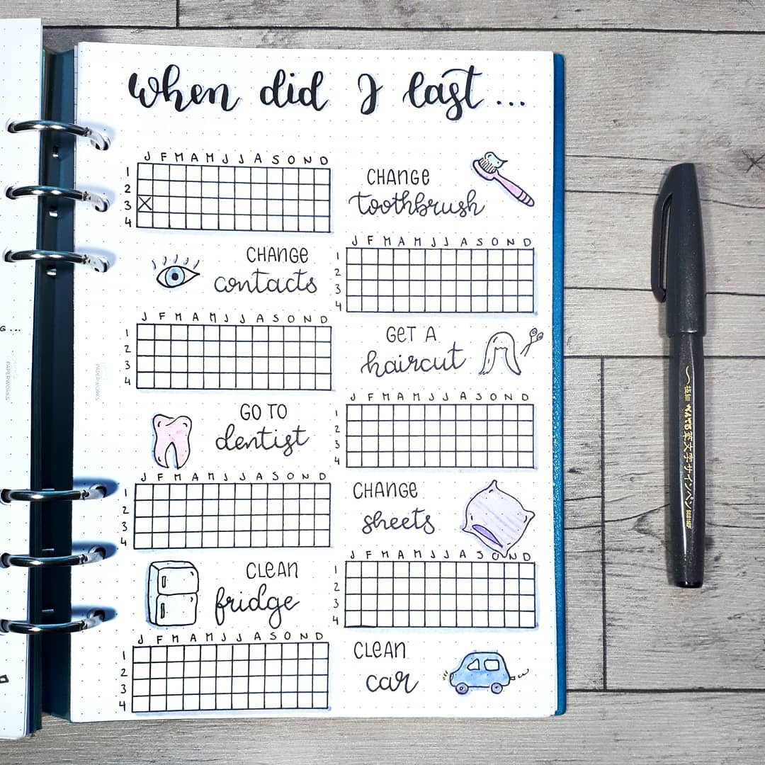 22 bullet journal cleaning trackers layout to keep your home squeaky clean- when did I last spread