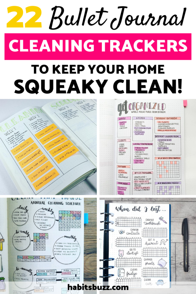 Do you want to create a cleaning schedule tracker in your bullet journal? Here is a collection of 22 bullet journal cleaning trackers that you can draw inspiration from, including Konmari method, Flylady, The Organised Mum Method, spring cleaning tracker etc.