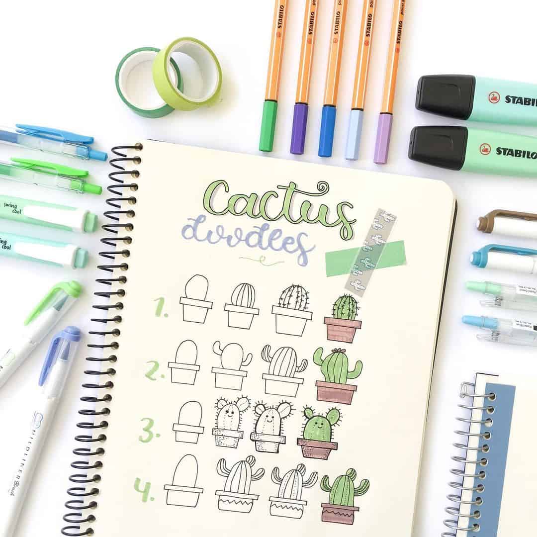 step-by-step bullet journal doodle tutorial - cactus plant doodles