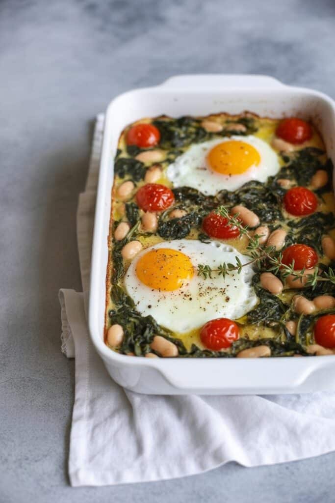 Baked Eggs with White Beans and Spinach-breakfast ideas with 30g protein