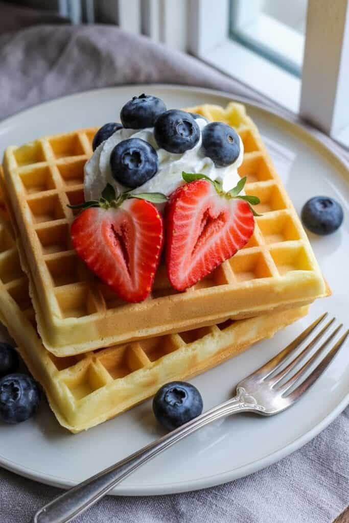 Protein Waffle Stack with Greek Yogurt & Berries - breakfast ideas with 30g protein