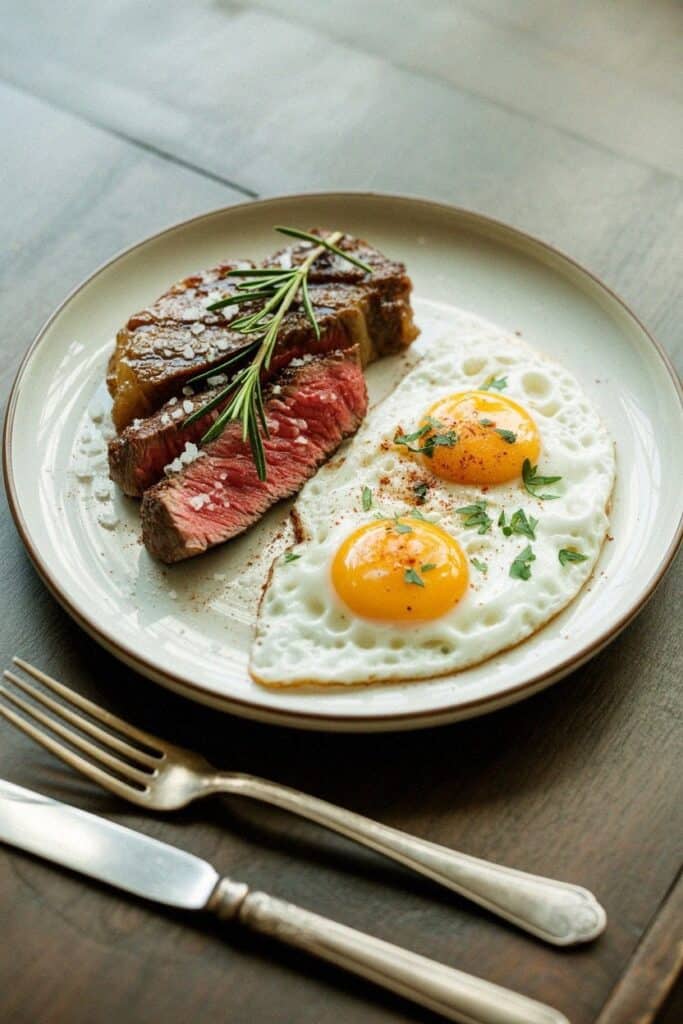 Steak and Eggs with Greens-breakfast ideas with 30g protein